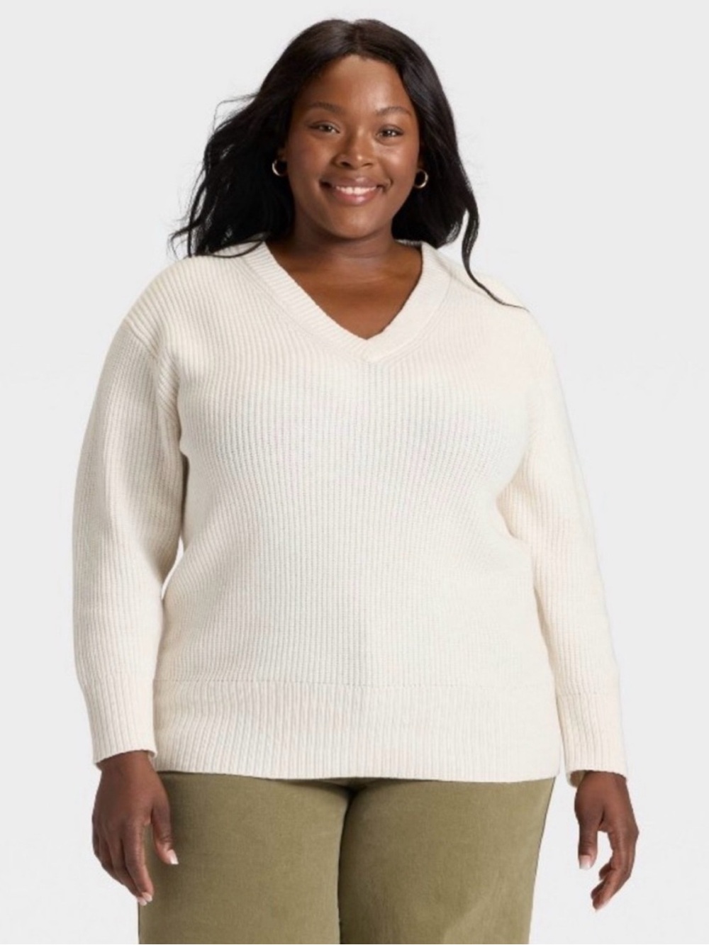 Ava & Viv Off-White V-Neck Ribbed Pullover